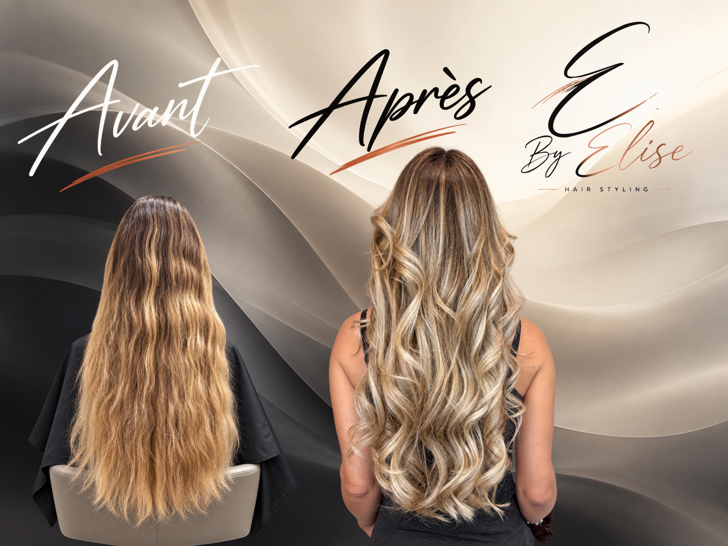 Avant et après d’un blond lumineux avec boucles réalisé par Elise à Martigny