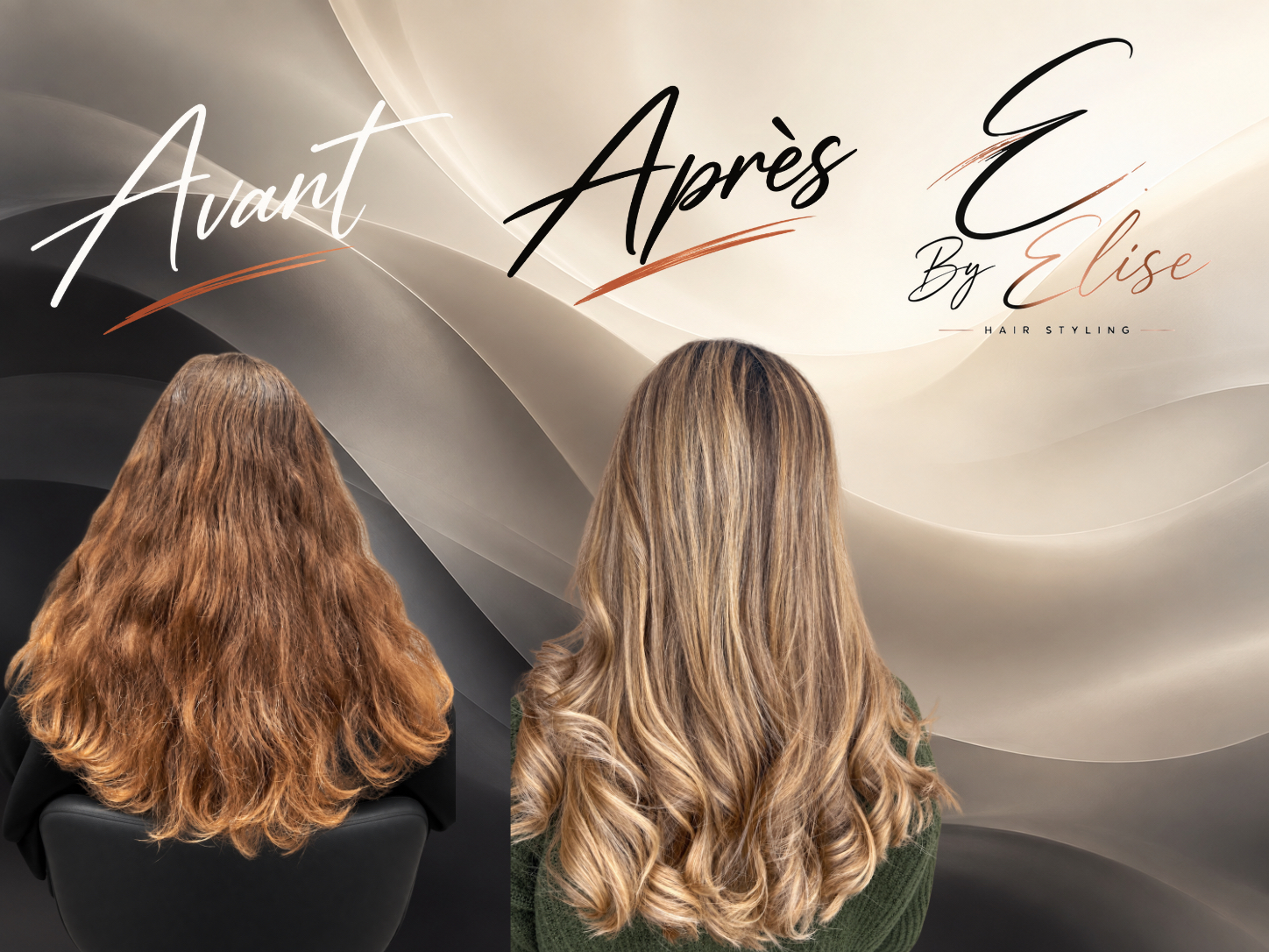 Avant et après de cheveux longs cuivrés transformés par un balayage blond caramel réalisé par Elise à Martigny
