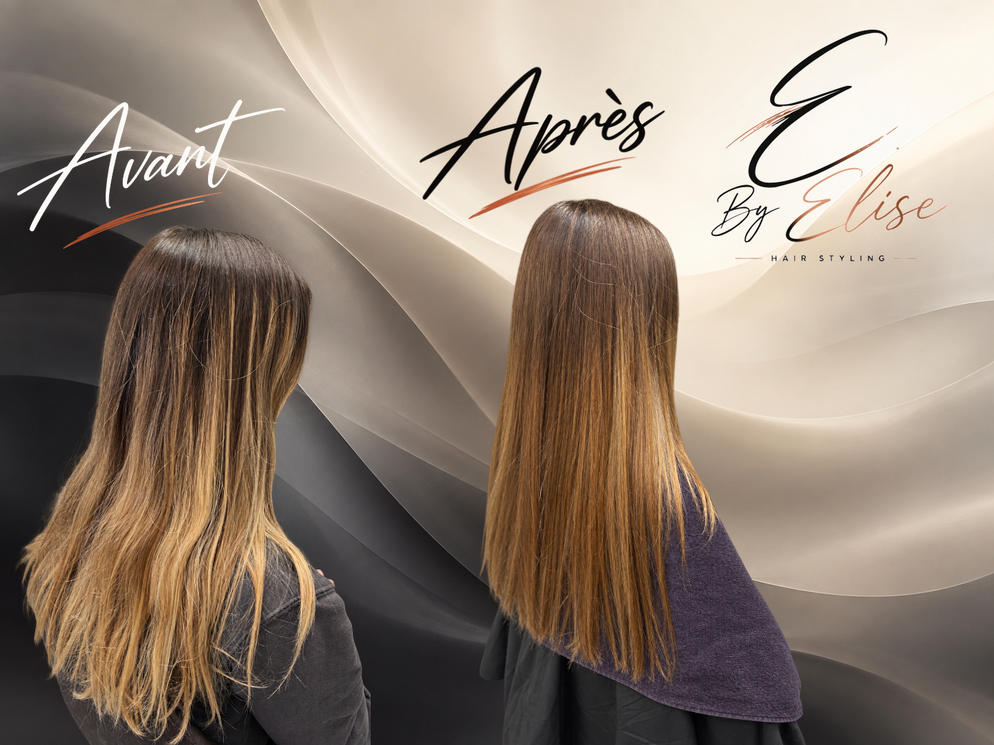 Avant et après d’une correction de balayage aux nuances brun doré