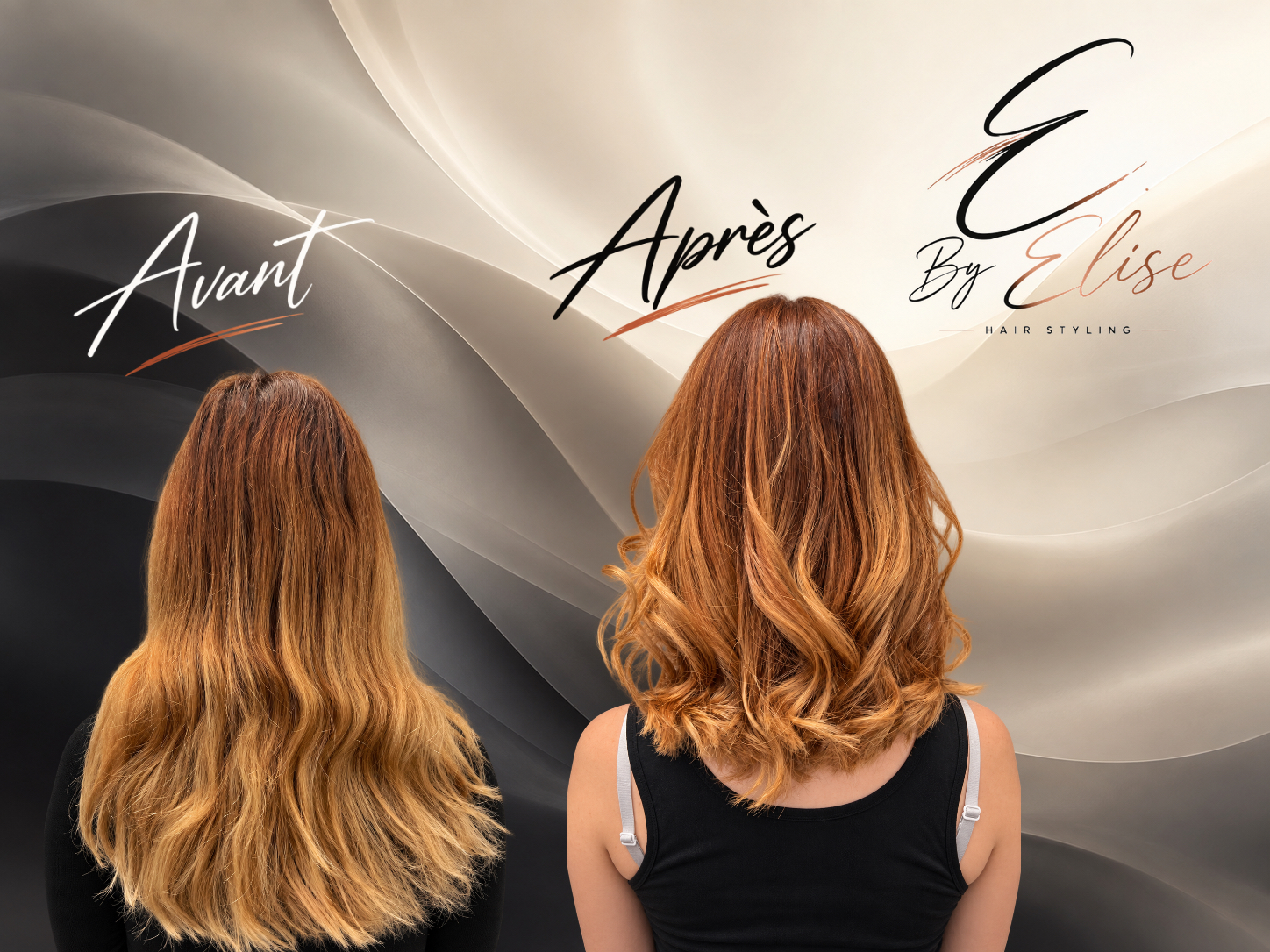 Avant et après d’une couleur cuivrée avec brushing wavy