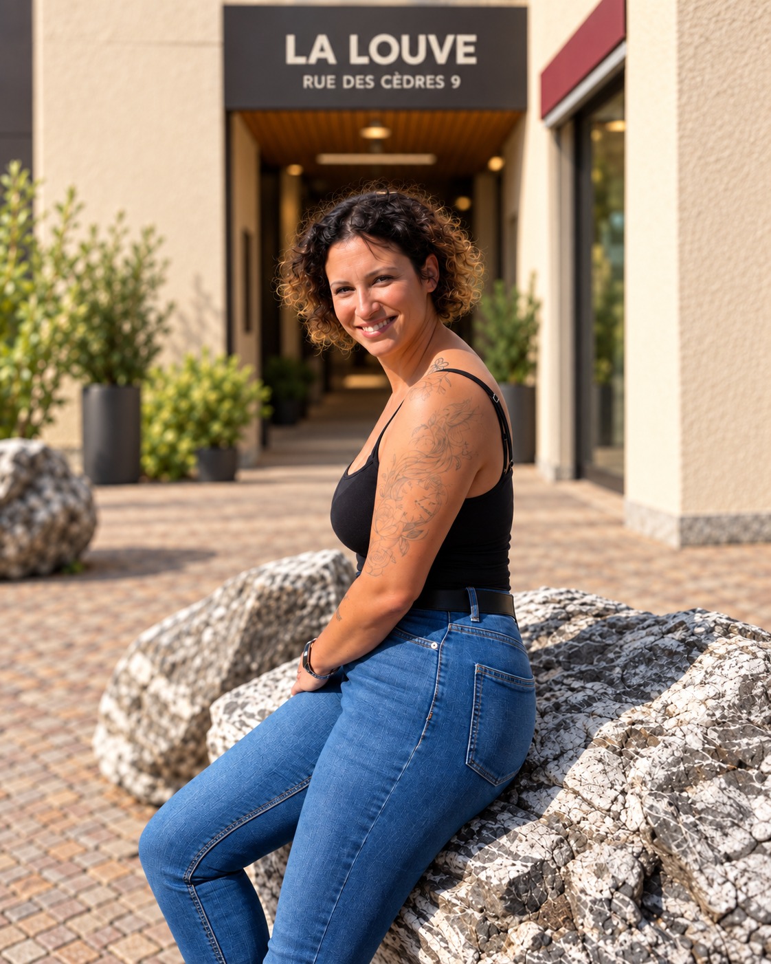 Elise devant l’entrée de la Galerie La Louve à Martigny