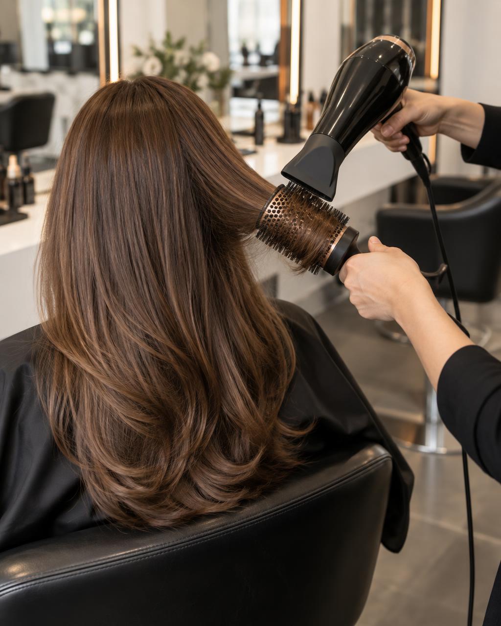 Une brosse ronde et un sèche-cheveux donnent du mouvement aux longues mèches châtains de la cliente